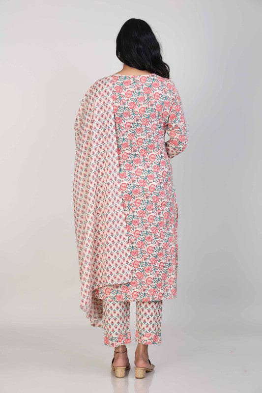 Pink 3/4th Sleeves Cotton All over print floral Calf length Kurta Set - With Dupatta