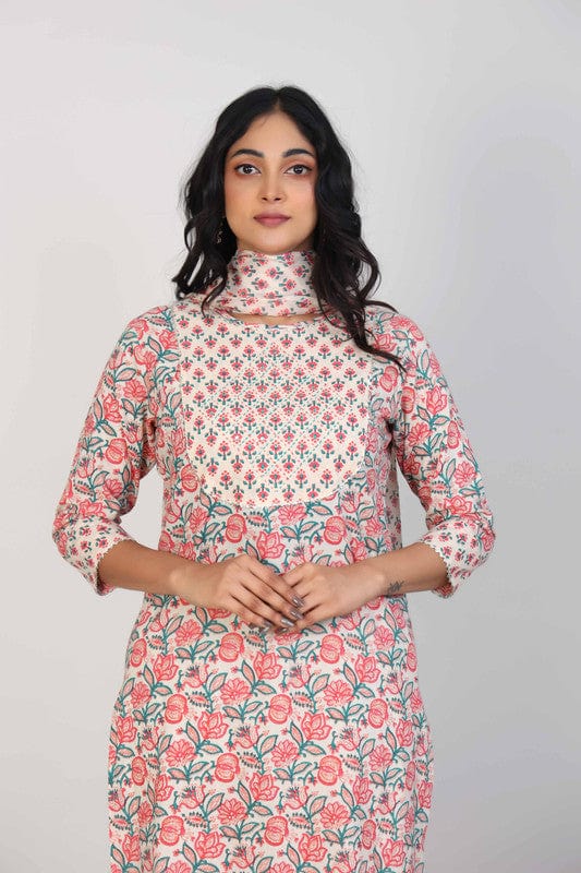 Pink 3/4th Sleeves Cotton All over print floral Calf length Kurta Set - With Dupatta
