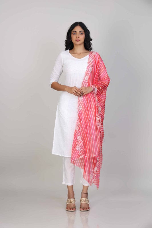 White 3/4th Sleeves Cotton Sequin work Calf length Kurta Set - With Dupatta