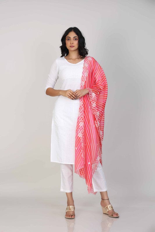 White 3/4th Sleeves Cotton Sequin work Calf length Kurta Set - With Dupatta