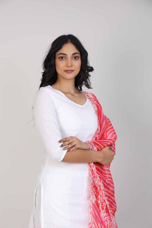 White 3/4th Sleeves Cotton Sequin work Calf length Kurta Set - With Dupatta