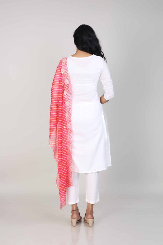 White 3/4th Sleeves Cotton Sequin work Calf length Kurta Set - With Dupatta
