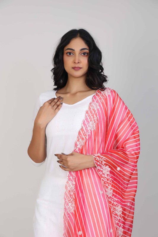 White 3/4th Sleeves Cotton Sequin work Calf length Kurta Set - With Dupatta