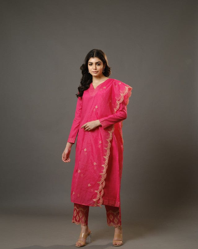 Pink Full Sleeves Cotton Blend Slub Thread Work  Calf Length Kurta Set