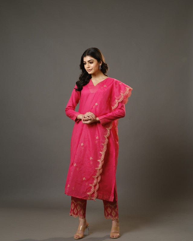 Pink Full Sleeves Cotton Blend Slub Thread Work  Calf Length Kurta Set