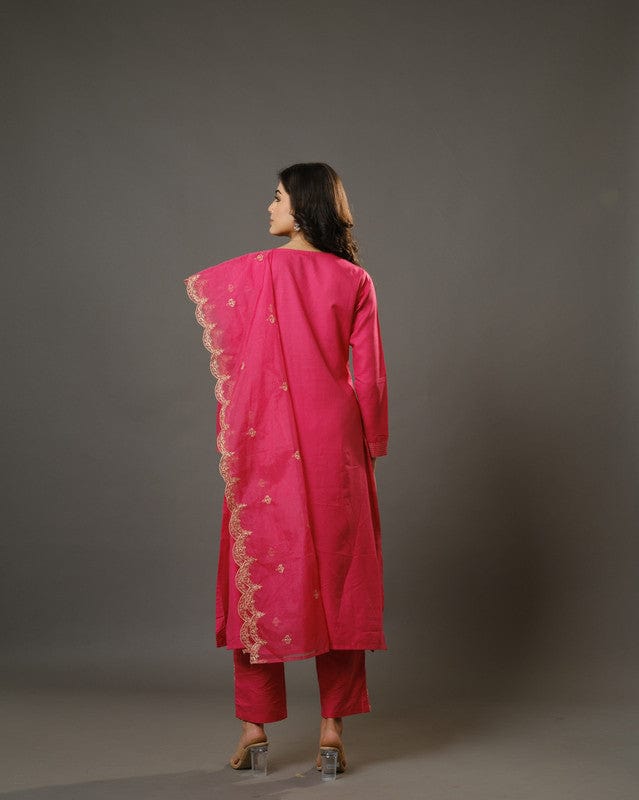 Pink Full Sleeves Cotton Blend Slub Thread Work  Calf Length Kurta Set