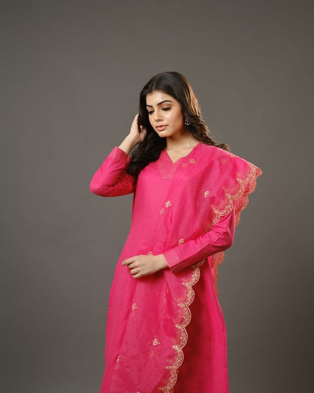 Pink Full Sleeves Cotton Blend Slub Thread Work  Calf Length Kurta Set