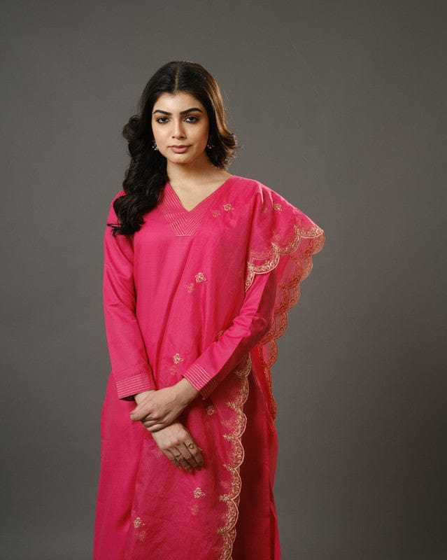 Pink Full Sleeves Cotton Blend Slub Thread Work  Calf Length Kurta Set