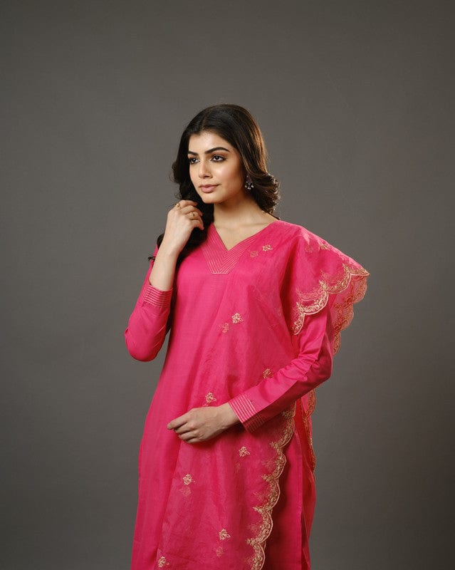 Pink Full Sleeves Cotton Blend Slub Thread Work  Calf Length Kurta Set