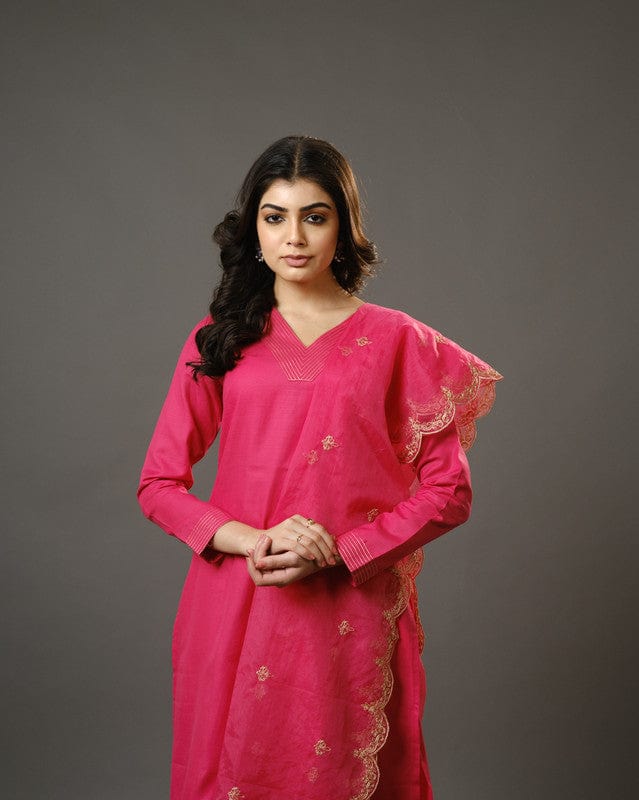 Pink Full Sleeves Cotton Blend Slub Thread Work  Calf Length Kurta Set