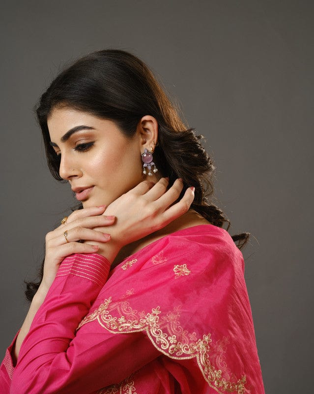 Pink Full Sleeves Cotton Blend Slub Thread Work  Calf Length Kurta Set