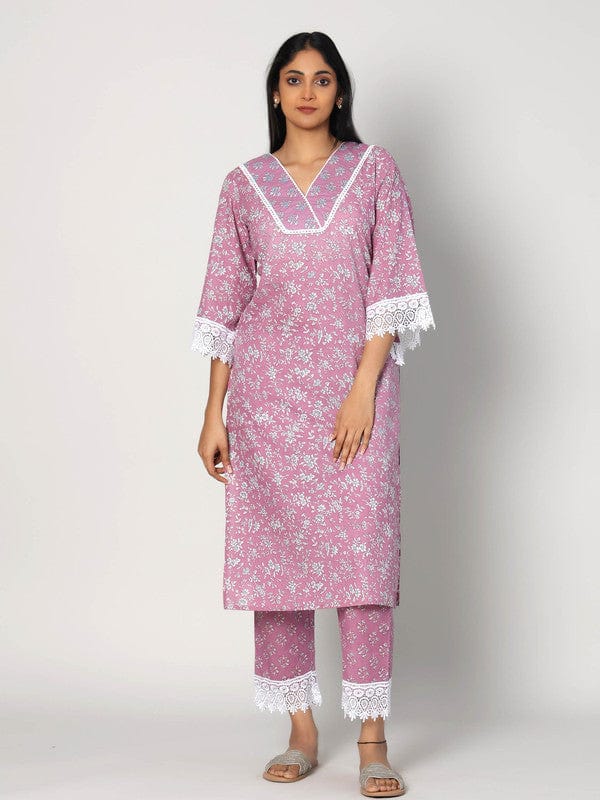 Mauve 3/4th Sleeves Cotton All over print Calf length Kurta Set - With Dupatta