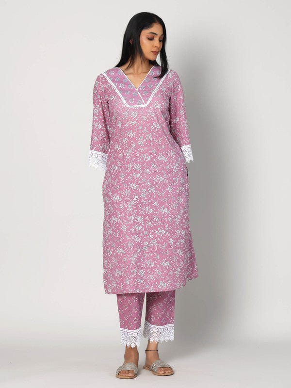 Mauve 3/4th Sleeves Cotton All over print Calf length Kurta Set - With Dupatta