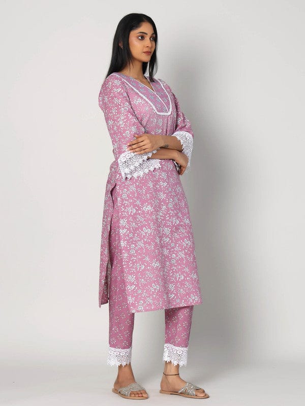 Mauve 3/4th Sleeves Cotton All over print Calf length Kurta Set - With Dupatta