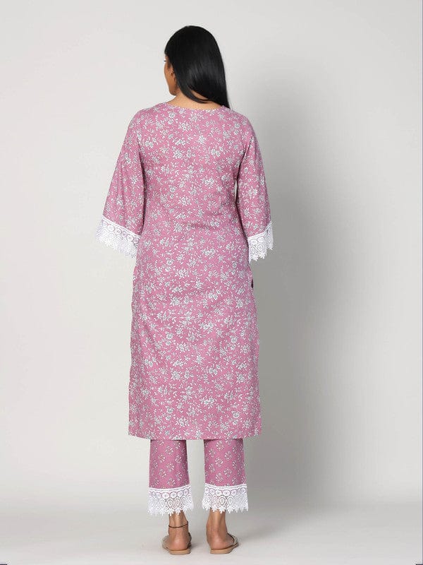 Mauve 3/4th Sleeves Cotton All over print Calf length Kurta Set - With Dupatta