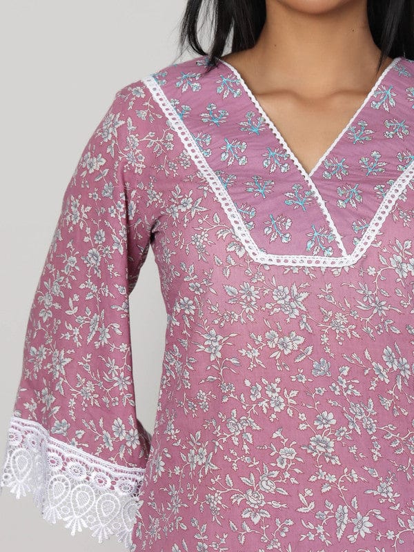 Mauve 3/4th Sleeves Cotton All over print Calf length Kurta Set - With Dupatta