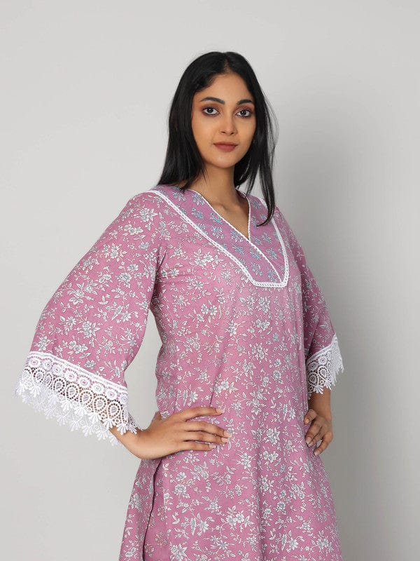 Mauve 3/4th Sleeves Cotton All over print Calf length Kurta Set - With Dupatta