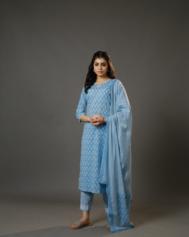 Sky Blue 3/4th Sleeves Cotton Block Print Calf Length Kurta Set