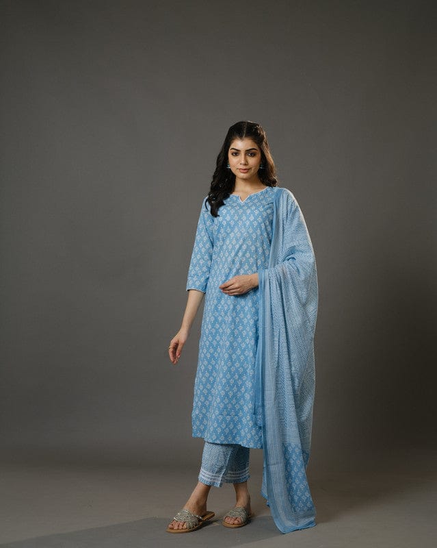 Sky Blue 3/4th Sleeves Cotton Block Print Calf Length Kurta Set