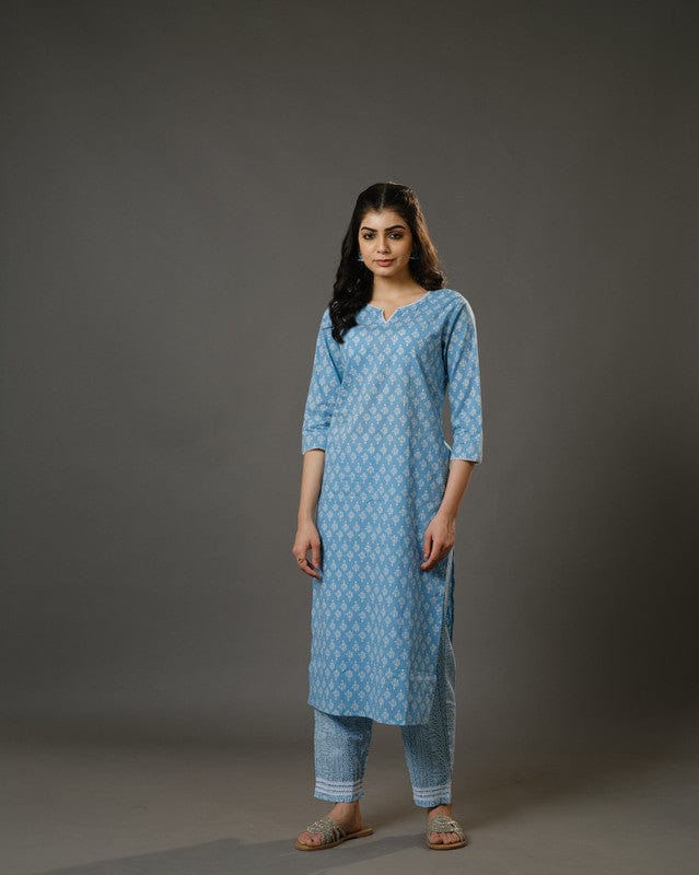 Sky Blue 3/4th Sleeves Cotton Block Print Calf Length Kurta Set