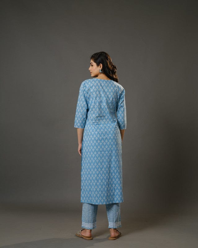 Sky Blue 3/4th Sleeves Cotton Block Print Calf Length Kurta Set