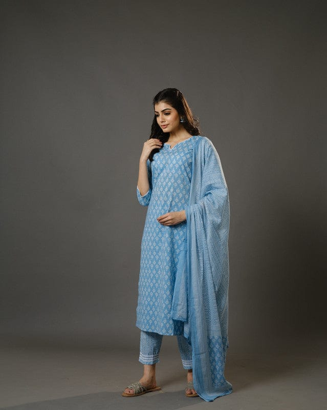 Sky Blue 3/4th Sleeves Cotton Block Print Calf Length Kurta Set