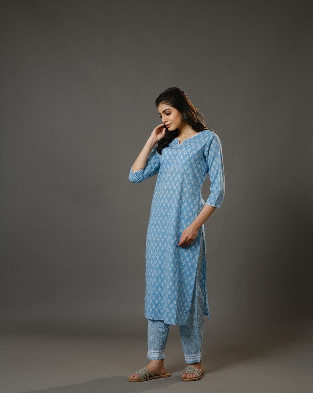 Sky Blue 3/4th Sleeves Cotton Block Print Calf Length Kurta Set