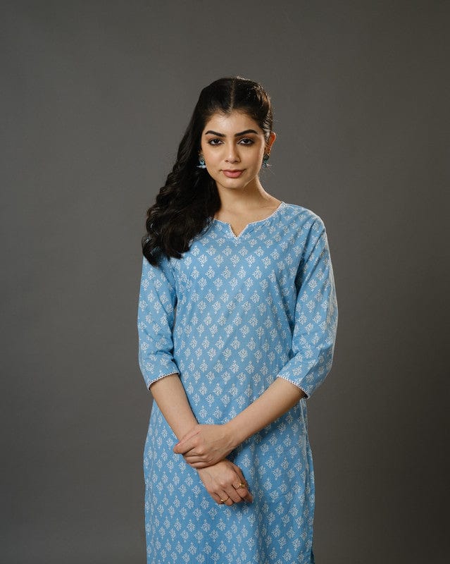 Sky Blue 3/4th Sleeves Cotton Block Print Calf Length Kurta Set