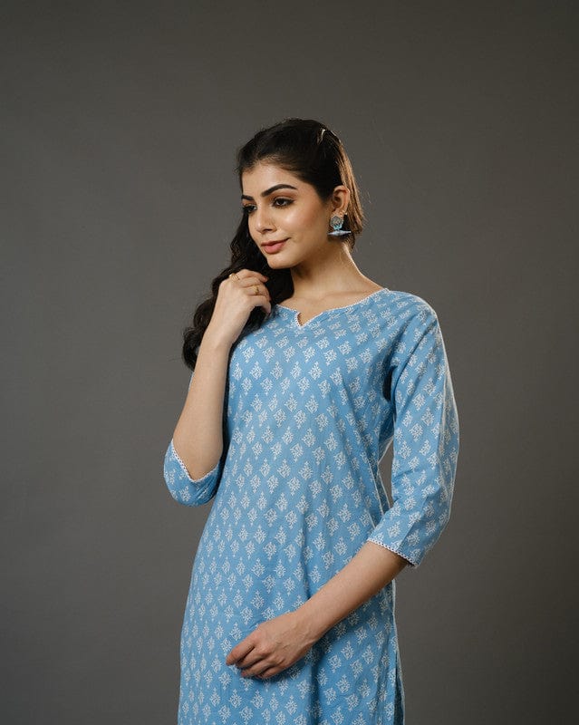 Sky Blue 3/4th Sleeves Cotton Block Print Calf Length Kurta Set