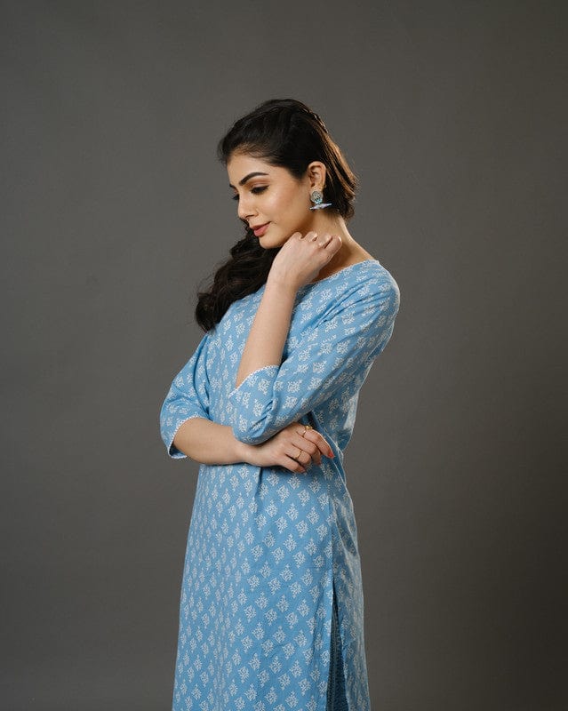 Sky Blue 3/4th Sleeves Cotton Block Print Calf Length Kurta Set