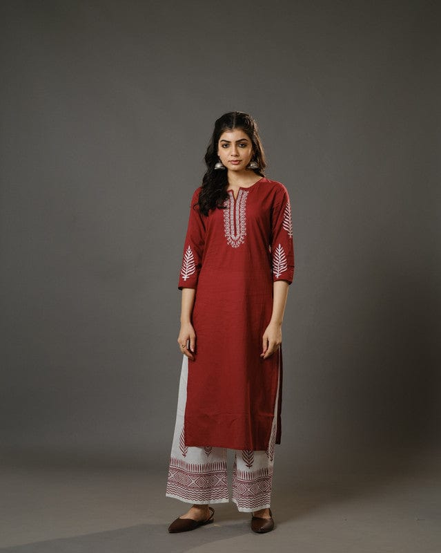 Maroon 3/4th Sleeves Cotton Machine Embroidery, Block Print Calf Length Kurta Set