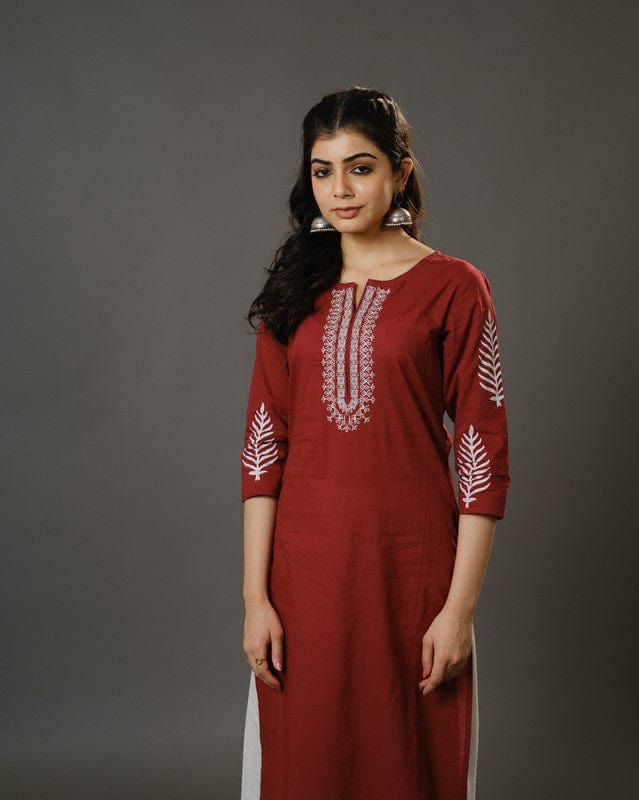 Maroon 3/4th Sleeves Cotton Machine Embroidery, Block Print Calf Length Kurta Set