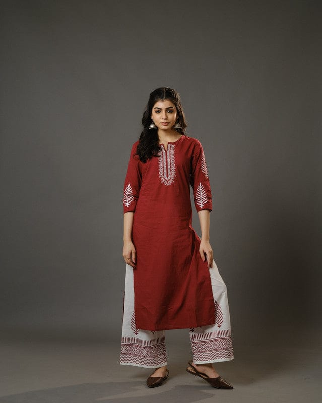 Maroon 3/4th Sleeves Cotton Machine Embroidery, Block Print Calf Length Kurta Set