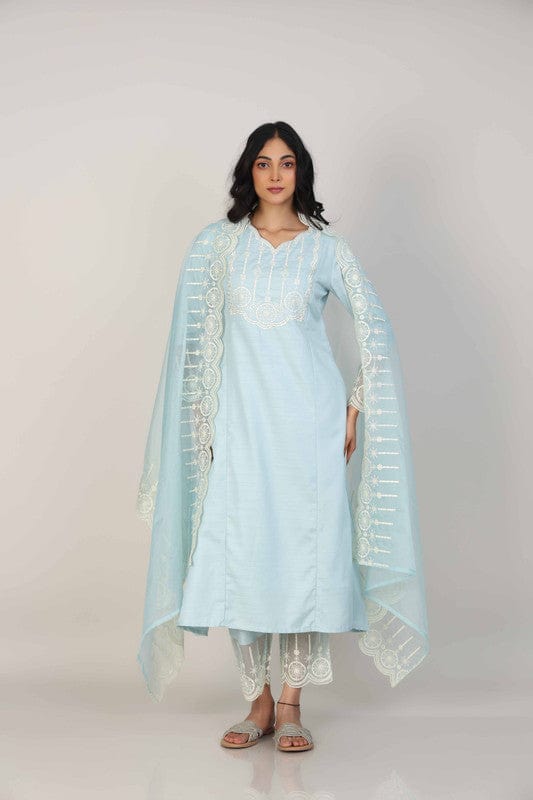 Sky Blue Full Sleeves Rayon Thread work Calf length Kurta Set - With Dupatta