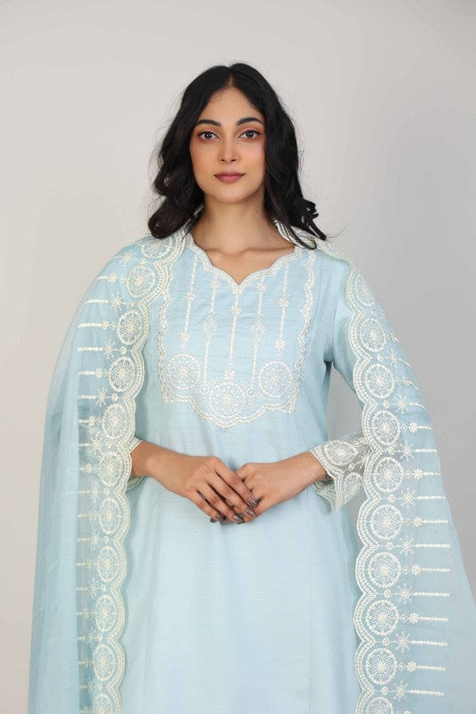 Sky Blue Full Sleeves Rayon Thread work Calf length Kurta Set - With Dupatta