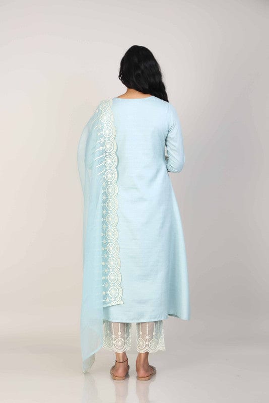 Sky Blue Full Sleeves Rayon Thread work Calf length Kurta Set - With Dupatta