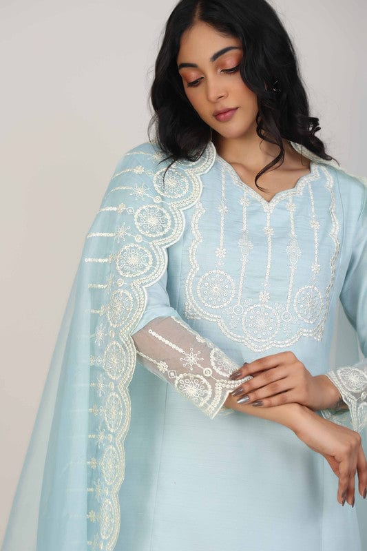Sky Blue Full Sleeves Rayon Thread work Calf length Kurta Set - With Dupatta