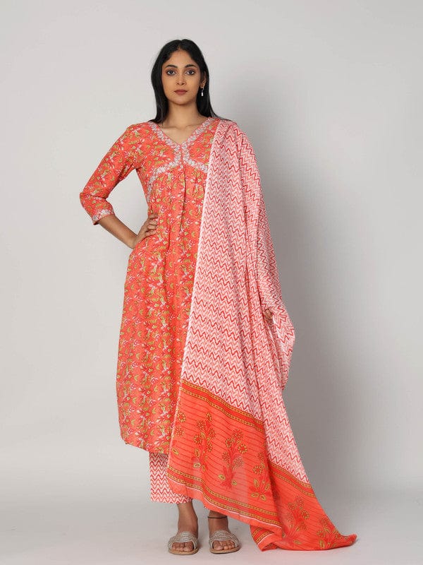 Orange 3/4th Sleeves Cotton All over print Calf length Kurta Set - With Dupatta