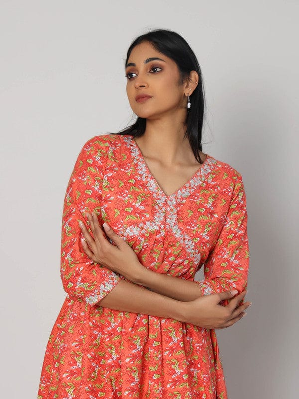 Orange 3/4th Sleeves Cotton All over print Calf length Kurta Set - With Dupatta