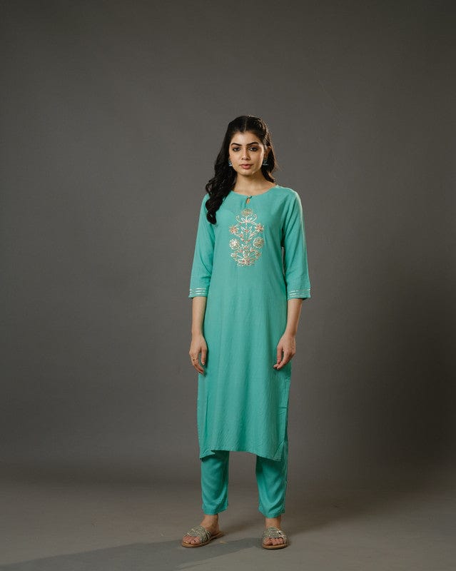 Sage Green 3/4th Sleeves Cotton  Slub Thread Work  Calf Length Kurta Set