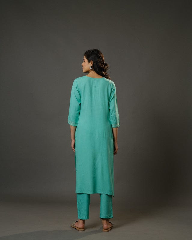 Sage Green 3/4th Sleeves Cotton  Slub Thread Work  Calf Length Kurta Set