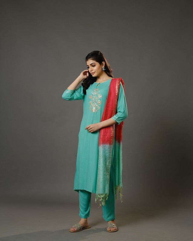 Sage Green 3/4th Sleeves Cotton  Slub Thread Work  Calf Length Kurta Set