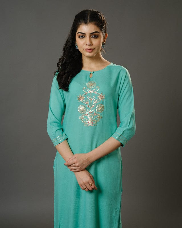 Sage Green 3/4th Sleeves Cotton  Slub Thread Work  Calf Length Kurta Set