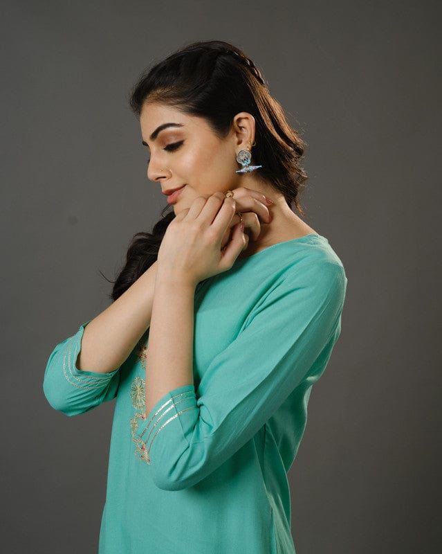 Sage Green 3/4th Sleeves Cotton  Slub Thread Work  Calf Length Kurta Set