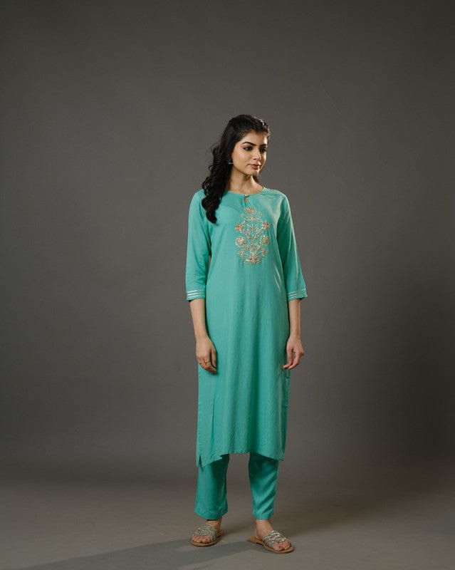 Sage Green 3/4th Sleeves Cotton  Slub Thread Work  Calf Length Kurta Set