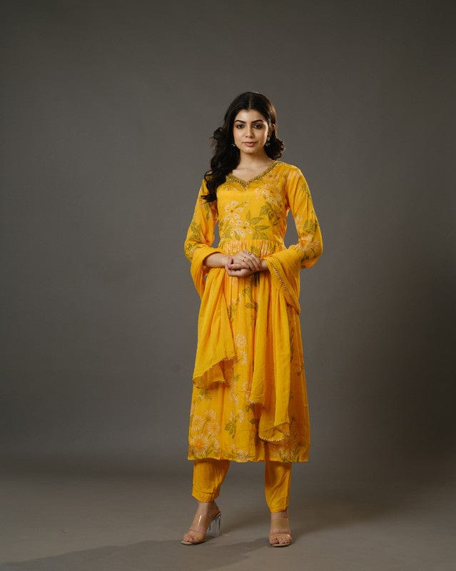 Yellow 3/4th Sleeves Chiffon Digital Floral Print, Embellishment, Mirror Work Calf Length Kurta Set