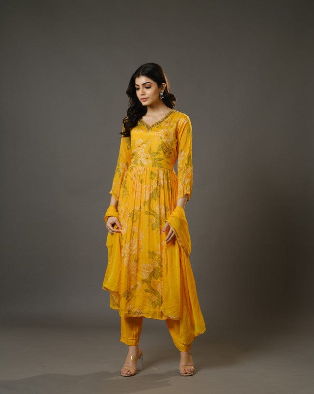 Yellow 3/4th Sleeves Chiffon Digital Floral Print, Embellishment, Mirror Work Calf Length Kurta Set