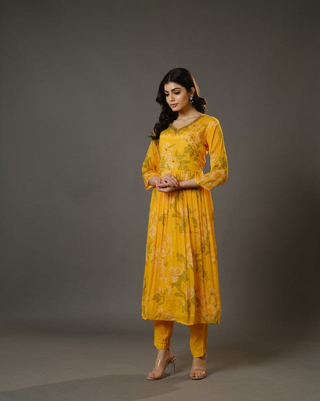 Yellow 3/4th Sleeves Chiffon Digital Floral Print, Embellishment, Mirror Work Calf Length Kurta Set