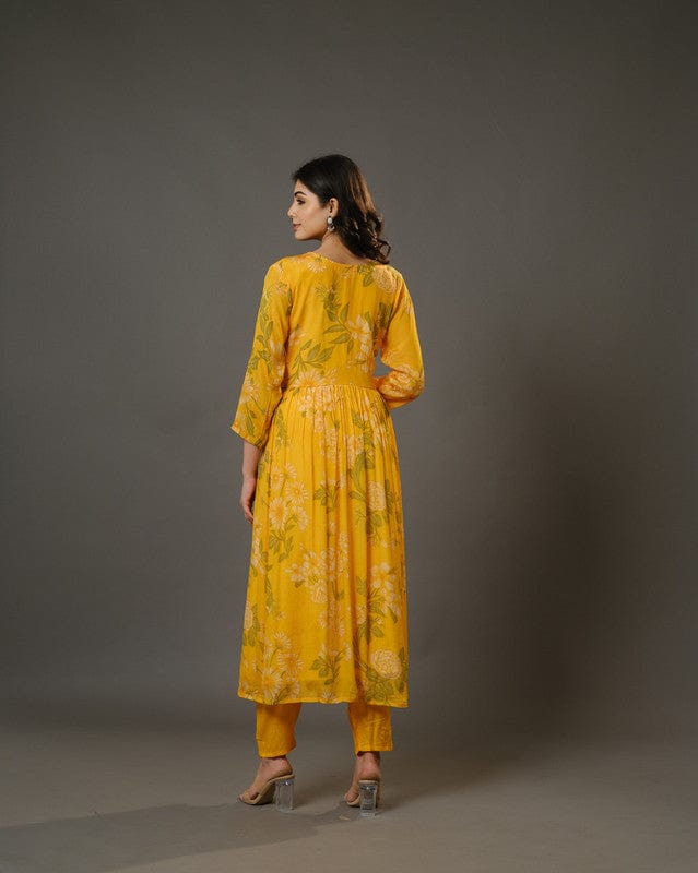 Yellow 3/4th Sleeves Chiffon Digital Floral Print, Embellishment, Mirror Work Calf Length Kurta Set