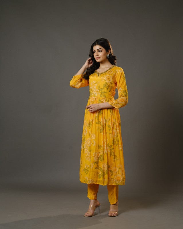 Yellow 3/4th Sleeves Chiffon Digital Floral Print, Embellishment, Mirror Work Calf Length Kurta Set